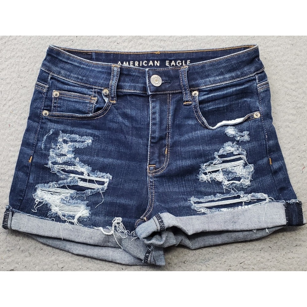 American Eagle Shortie Shorts Womens 4 Blue Denim Distressed Cuffed Hem Hi-Rise